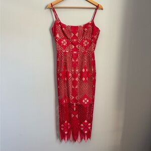 BCBGMaxAzria Red Lace Patterned Midi Dress